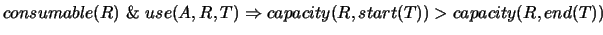 $consumable(R) ~ \&~ use(A,R,T) \Rightarrow capacity(R,start(T)) > capacity(R,end(T))$
