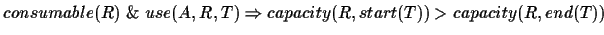$consumable(R) ~ \&~ use(A,R,T) \Rightarrow capacity(R,start(T)) > capacity(R,end(T))$